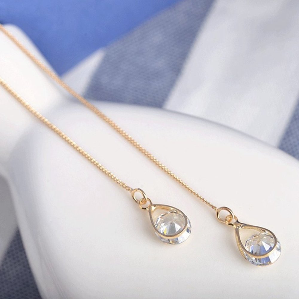 S925 Water Drop Chain Threader Earrings - Picture 7 of 11